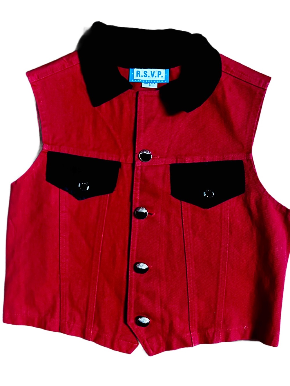 R.S.V.P ~ Women’s Small ~ Vintage ~ Red W/ Black Velvet Trim ~ Denim Jacket Vest